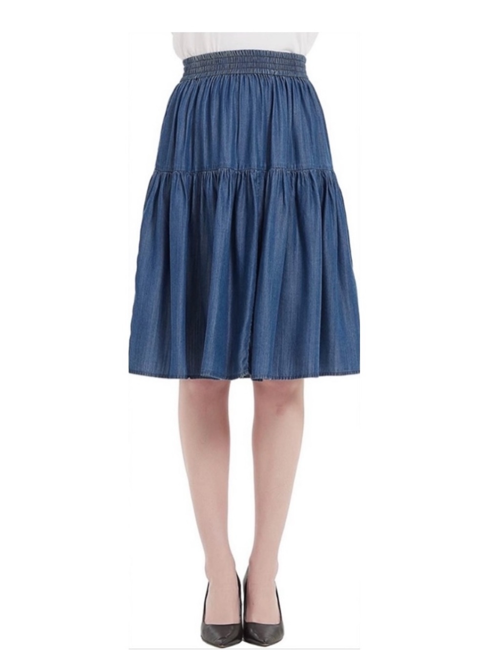 Tronjori size xxl Denim-Look Blue Tiered Midi Skirt with Smocked Waist